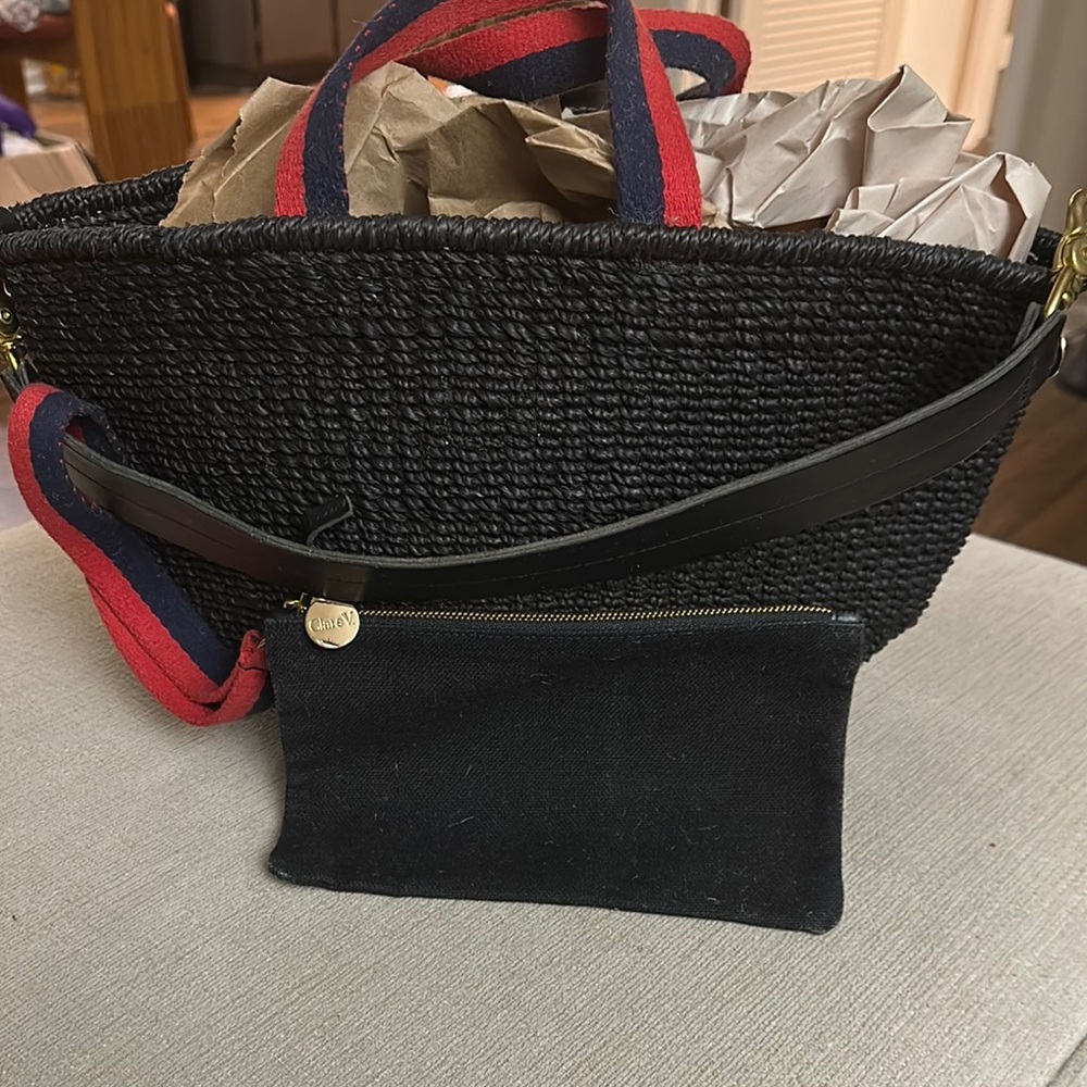 Clare V Black Woven Tote with Red and Blue Accents